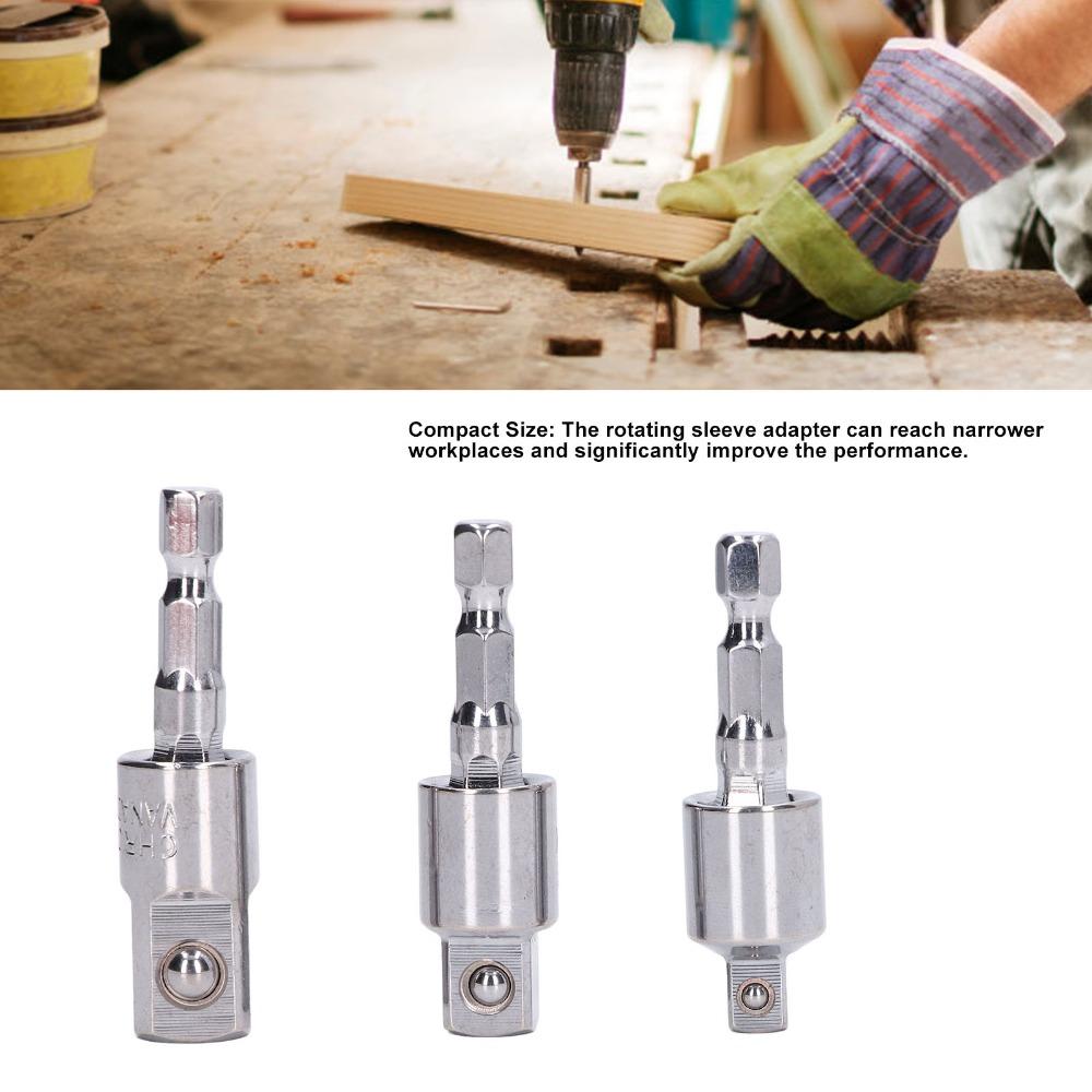 3 st Förkromade Adaptrar 1/4" 3/8" 1/2" Fyrkantsfästen 360 Grader Roterbart Universalled Vridbart