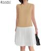 ZANZEA Women Casual Round Neck Sleeveless Pleated Patchwork Dress