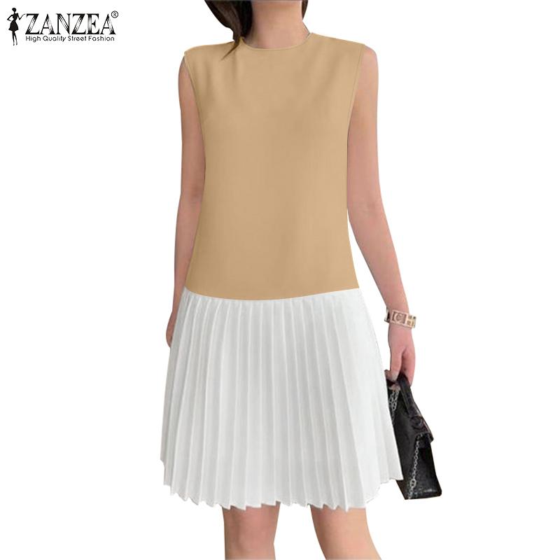 ZANZEA Women Casual Round Neck Sleeveless Pleated Patchwork Dress