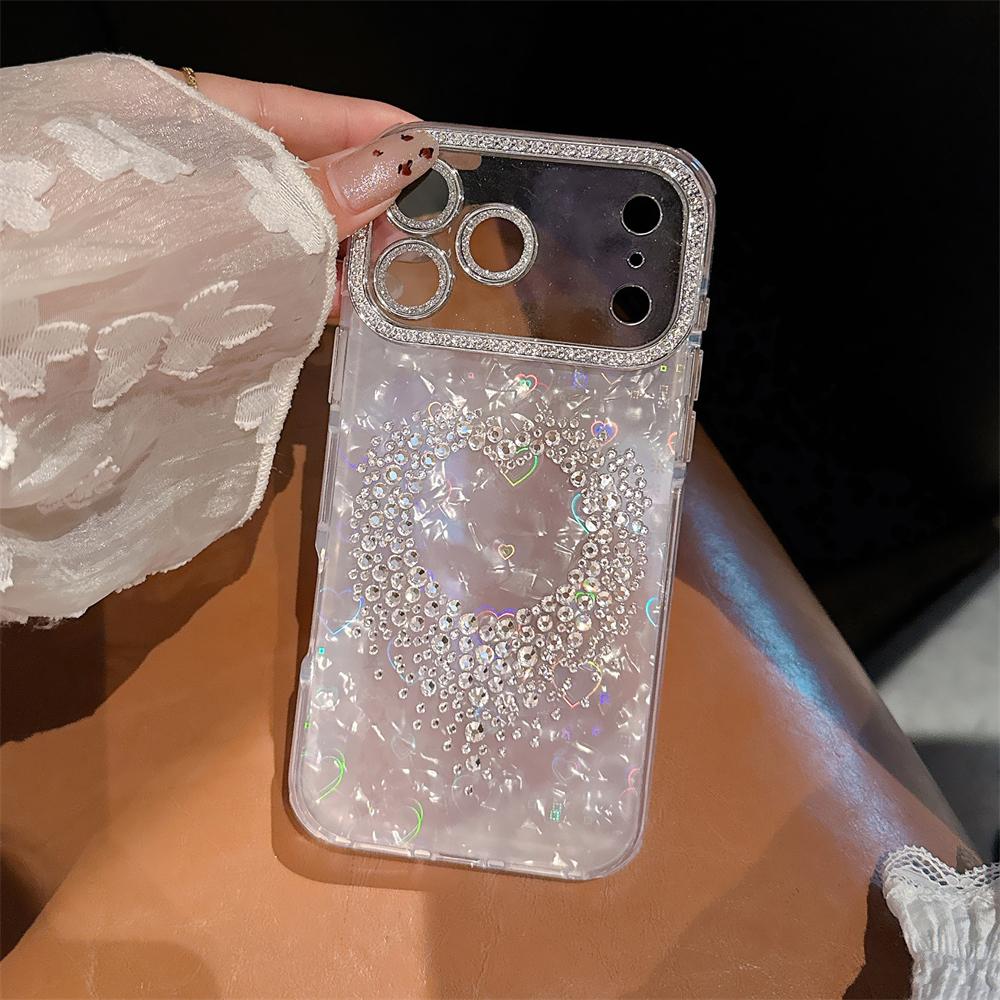 Diamond Lens Frame Shell Pattern Phone Case for iPhone 17 16 Pro Max 15 14 13 Rhinestone Love Heart Laser Shockproof Back Cover