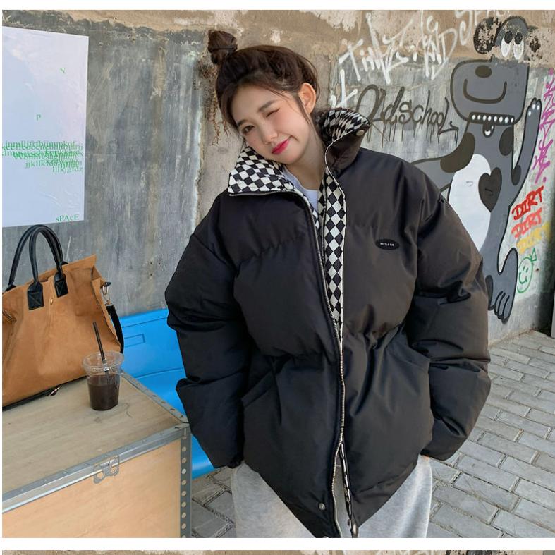 Winter Checkerboard Down Padded Jacket Women's Loose Wind Stand-up Collar Short Padded Jacket Padded Jacket Thickened Bread Jacket