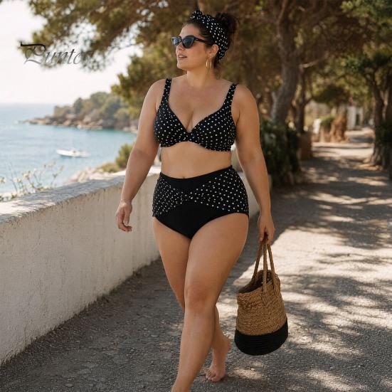 Flattering Plus Size Bikini 2Pcs/Set Set, Cross-Chest V-Neck Bra with Built-In Support, Women Swimwear High-Waisted Twist Swim Bottoms, Retro