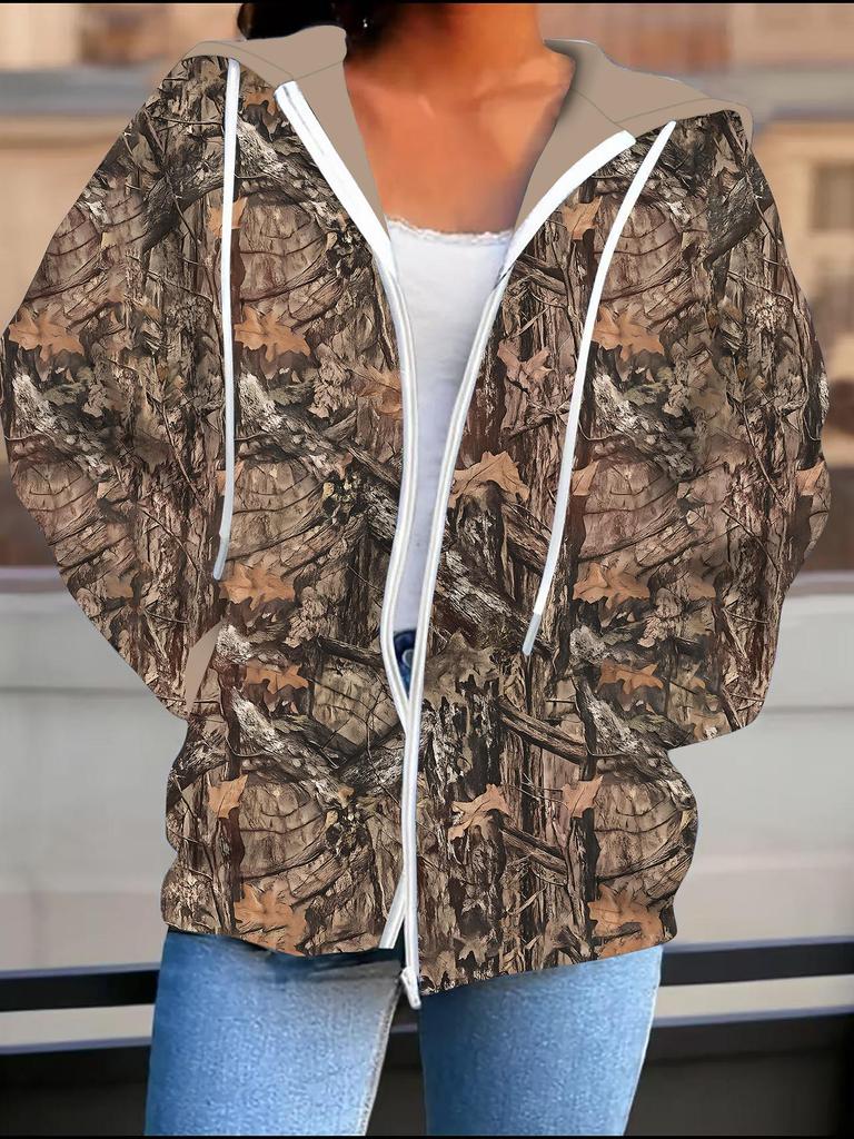Leaf 3D Printed Hooded Cardigan Plus Size Autumn Winter Retro