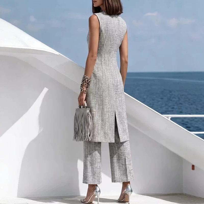 1116 European and American women's clothing Elegant gray long vest and pants two-piece suit