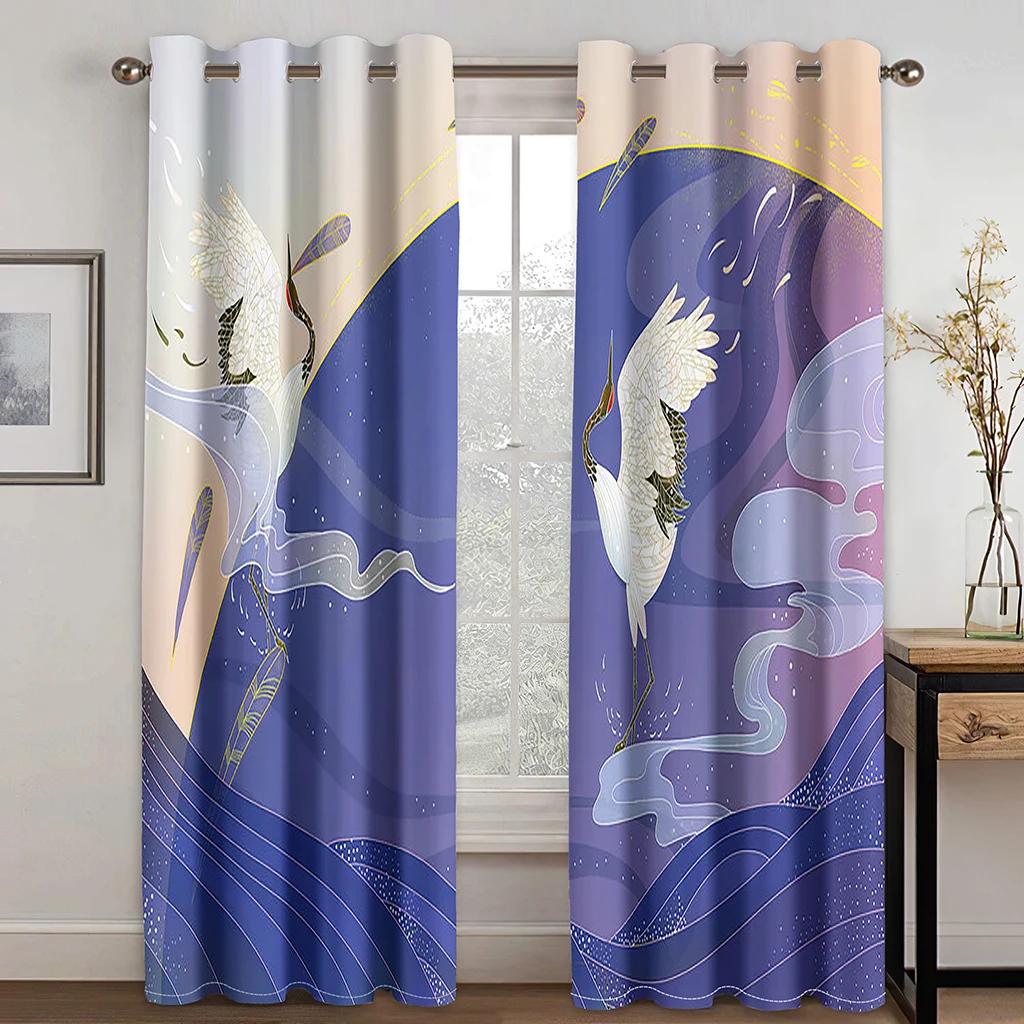 Red Blue Japanese Style Crane Wave Mountain Sun Print High Shading Curtain Bedroom Living Room Hotel Window Curtain 2Panels New