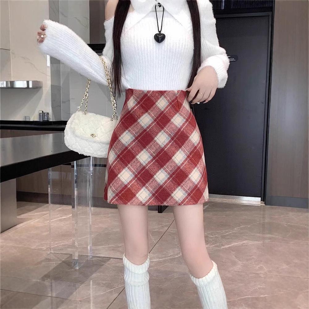 Women's High Waist Plaid Wool Midi Skirt - Autumn/Winter Bodycon Slimming Style