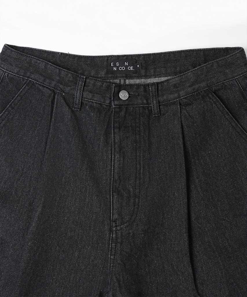 ESN Washed Single-Pleat Semi-Wide Denim Shorts Black
