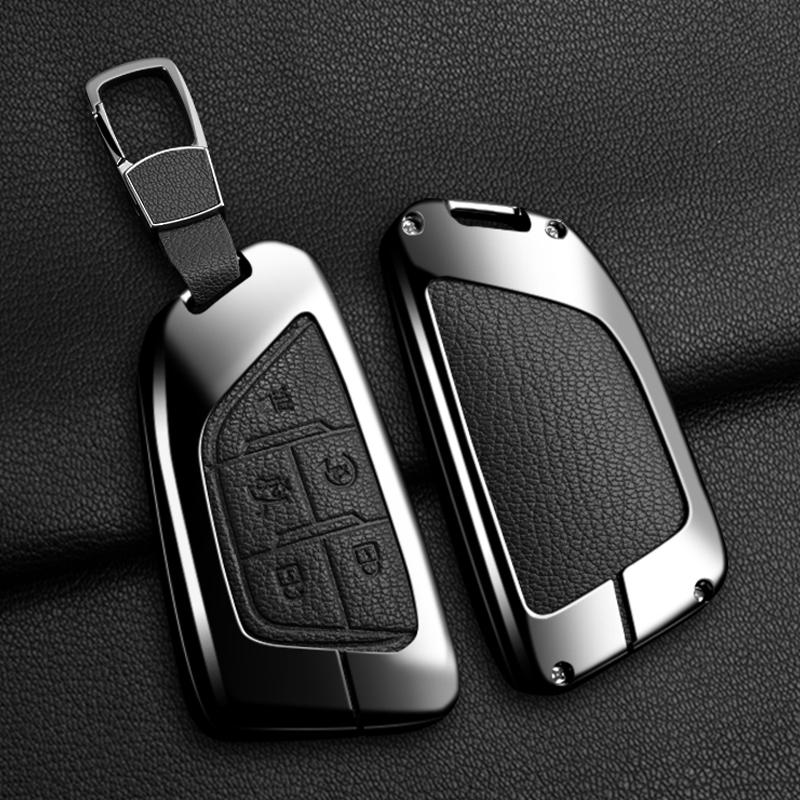 Zinc Alloy + Leather 5 Buttons Car Key Case Cover Fob Holder Shell for Cadillac CT4 CT5 CT4-V C8 Corvette 2020 2021 Escalade