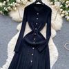 Autumn Winter Women Elegant Polo Collar Knitted Sweater Metal Button Long Maxi Split Pullover Dresses