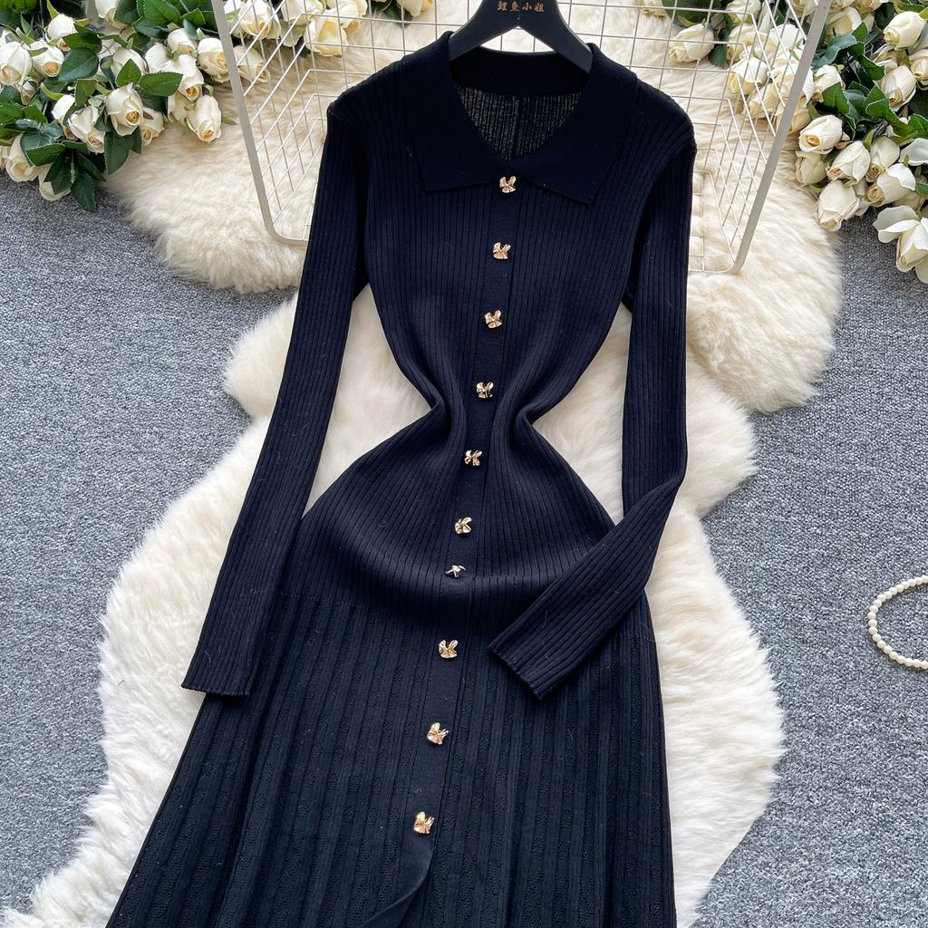 Autumn Winter Women Elegant Polo Collar Knitted Sweater Metal Button Long Maxi Split Pullover Dresses