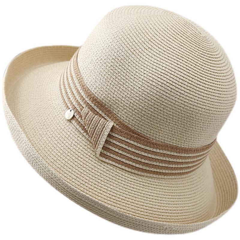 Sun Hat Women's Summer Crimped Straw Hat British Retro Black Sunscreen Hat Travel Foldable Sun Hat Tide