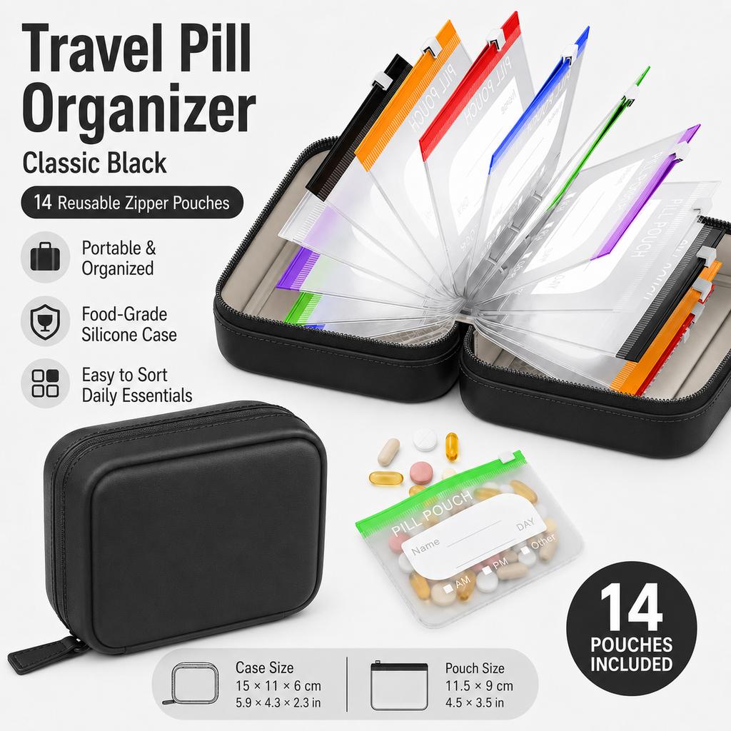Travel Portable Pill Organizer with 14 Reusable Zipper Pouches, Food Grade Silicone Case for Medicine and Daily Essentials