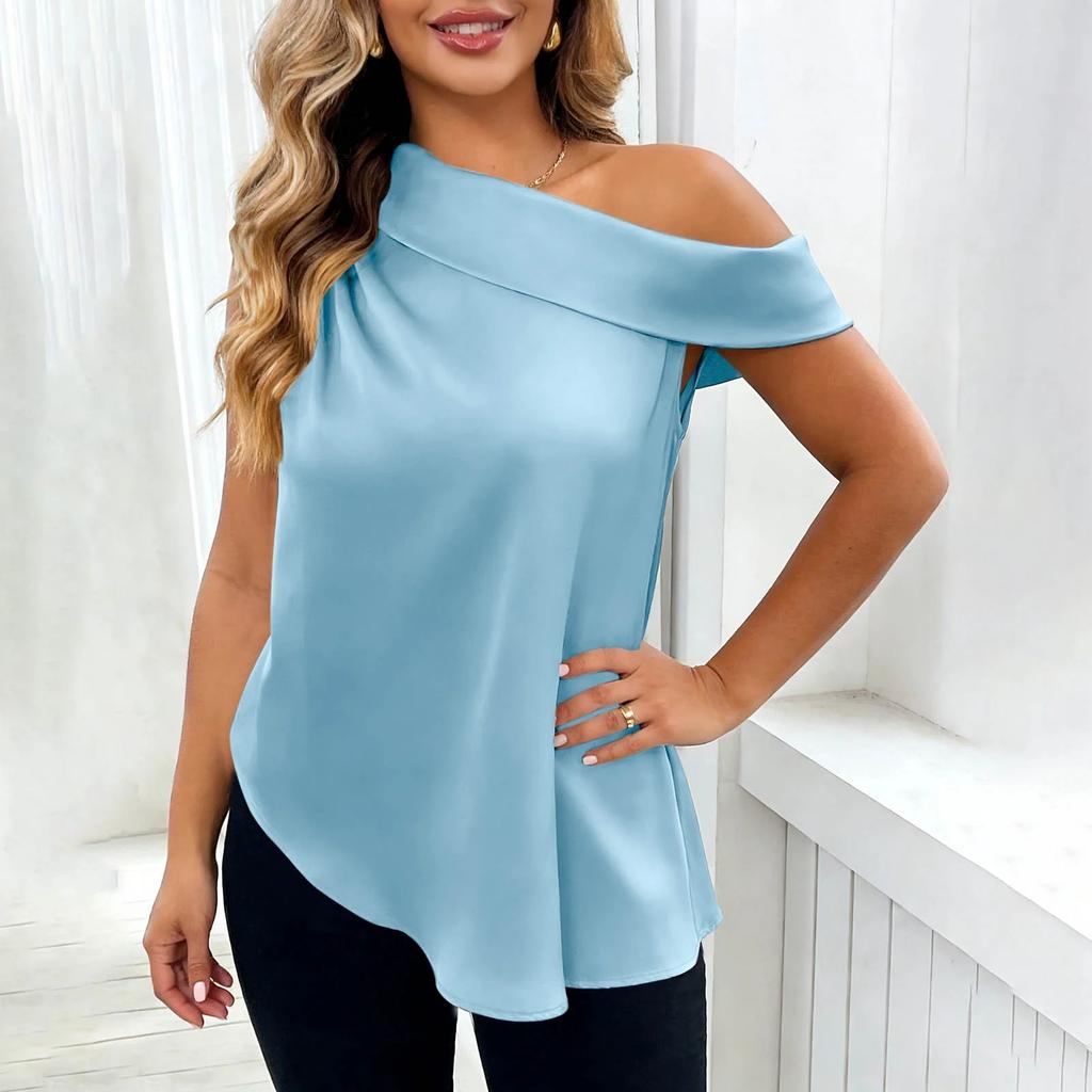 Women’s Fashionable Casual Plain Off-the-Shoulder Satin Sleeveless Asymmetrical Hem T-Shirt Top