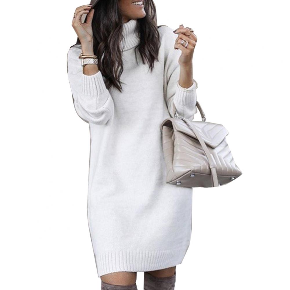 Women Winter Loose Dress Knee-length Dress Women Long Sleeve Autumn Turtleneck Warm Knitted Sweater Knee-length Dress