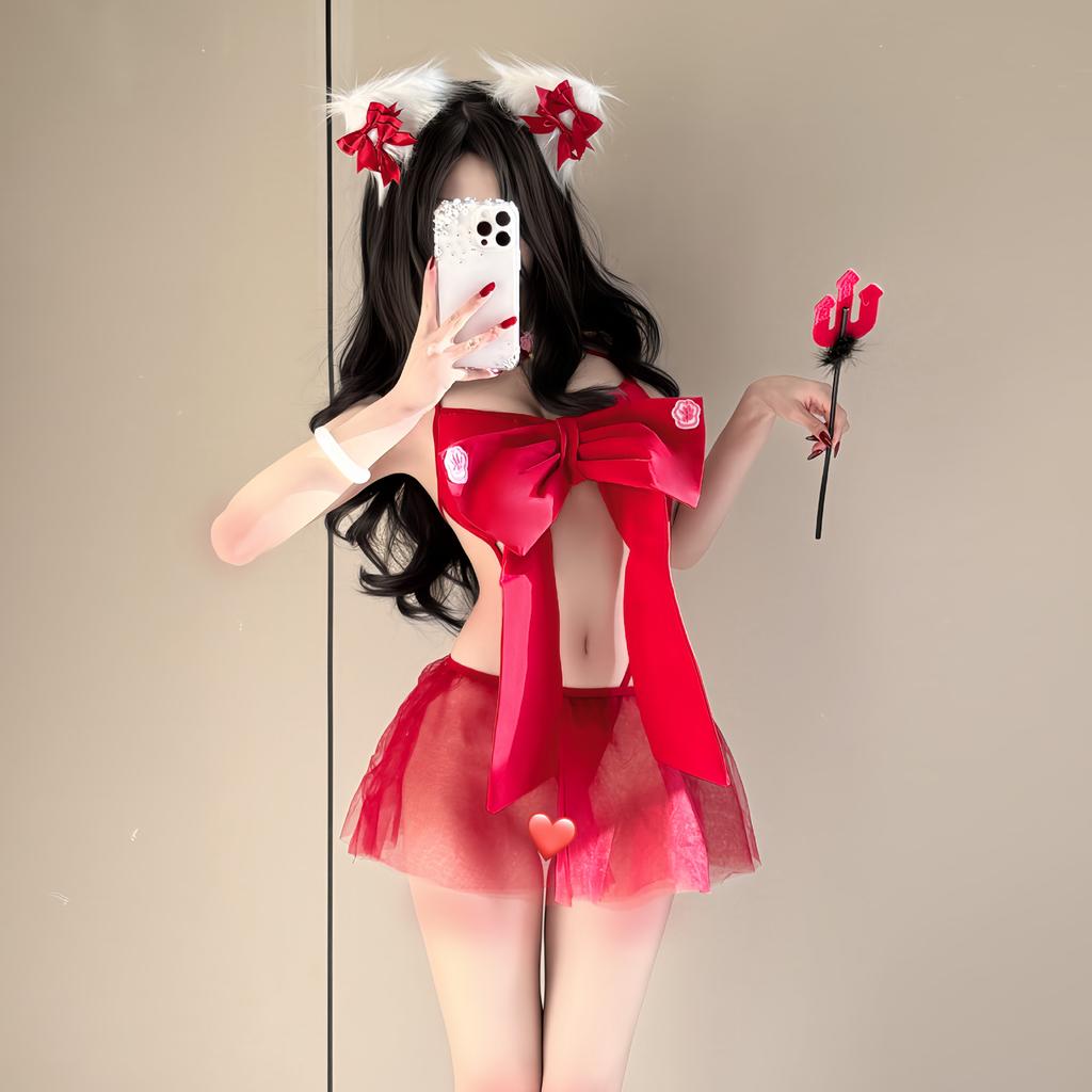 Sex Underwear Pink Bow Chest Pad Three-point Pure Desire Temptation Splicing Mesh Perspective Free