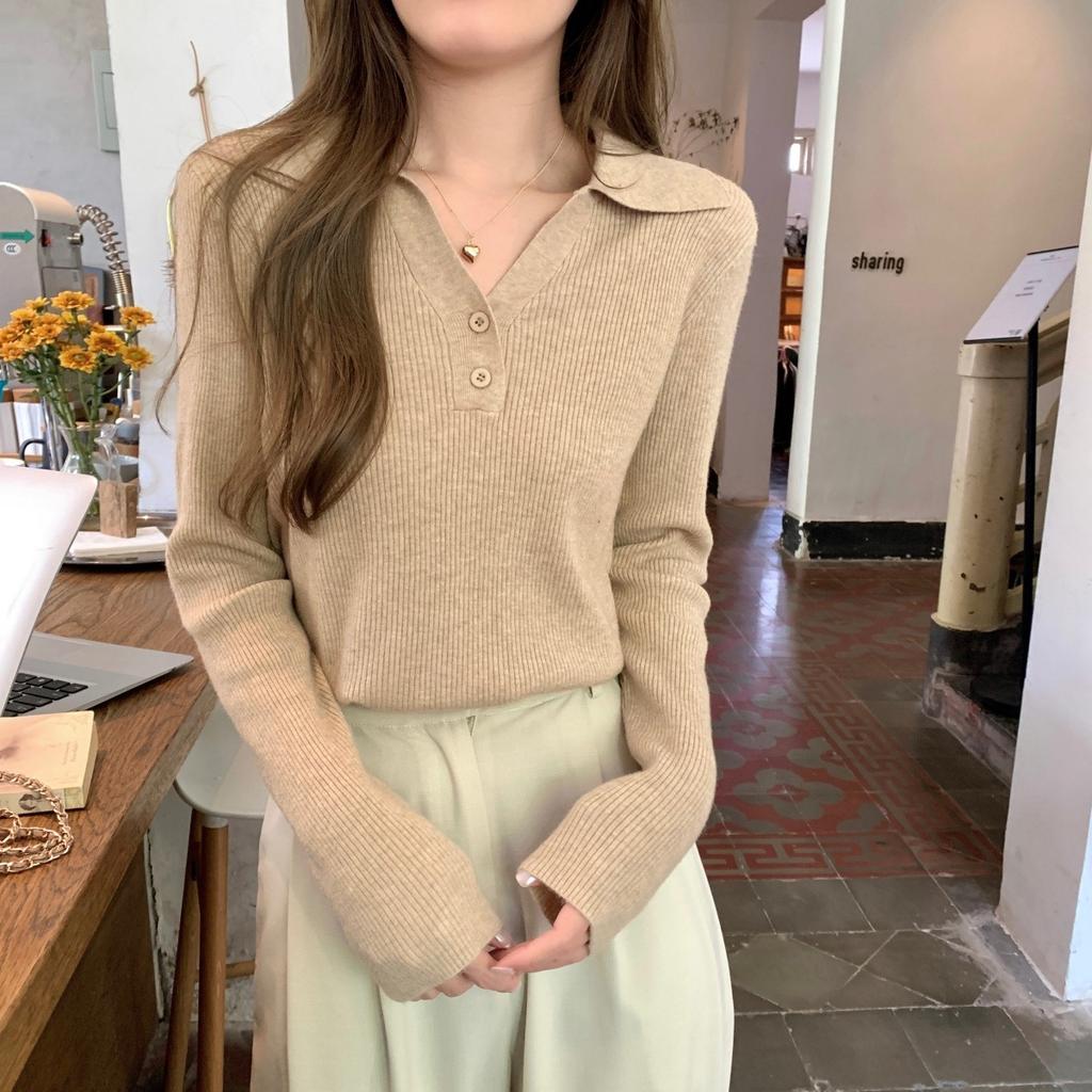 Casual Women Pullover Knit Sweater Lapel Long Sleeve Slim Fit Top Autumn Winter Solid Color Simple Sweaters Elegant Basic Clothing