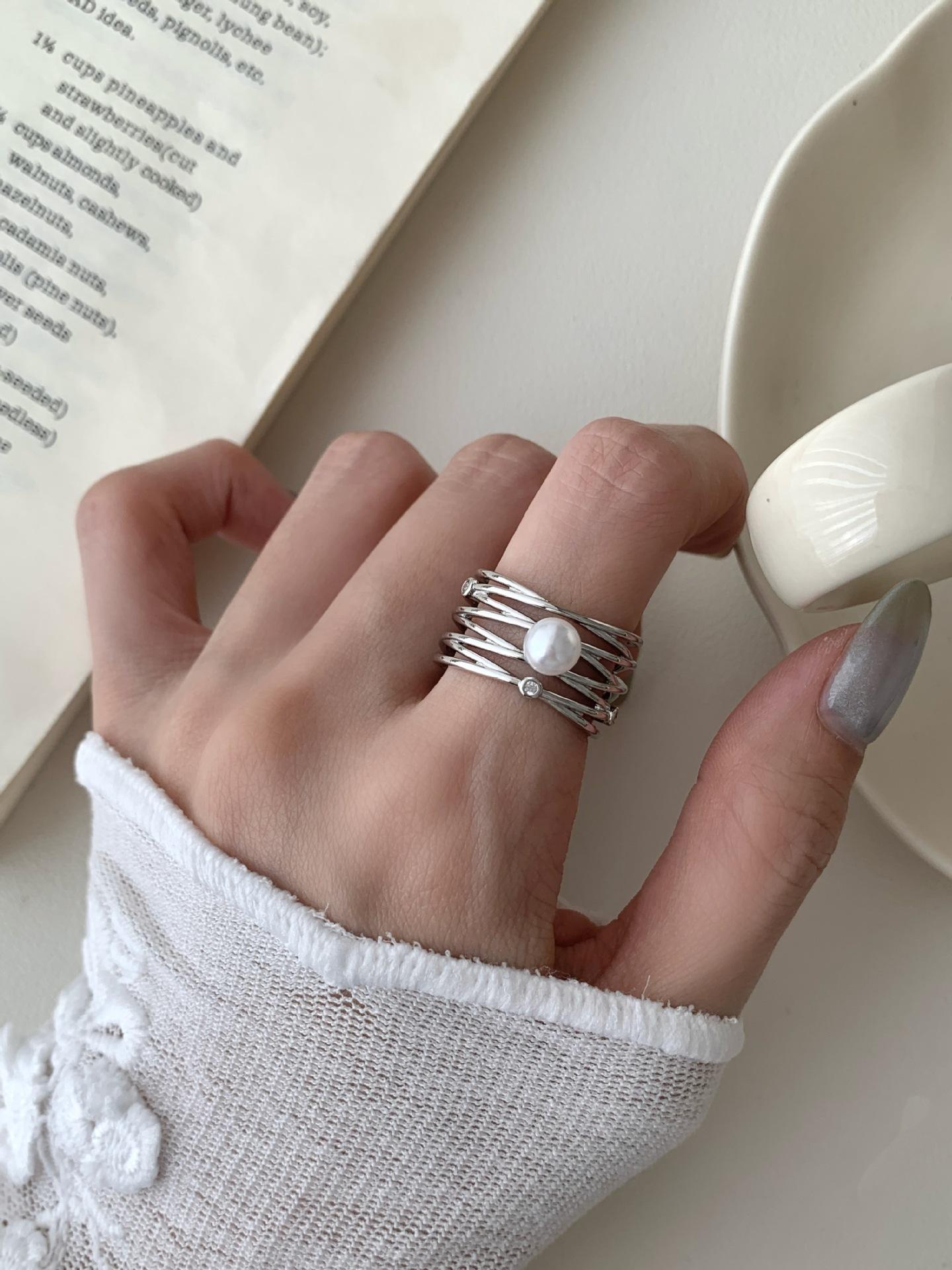 

PANJBJ 925 Sterling Silver Pearl Zircon Ring for WomenMulti Layer Hollow Out Wide Design Punk Versatile Jewelry Gift Dropship