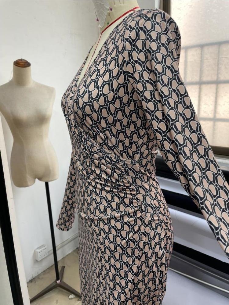 Women Spring Summer Stone Print Sexy Deep V Slim Long Sleeve Bodycon Comfortable Dress Lightweight Recognition Elegant with Flattering Chic Dress