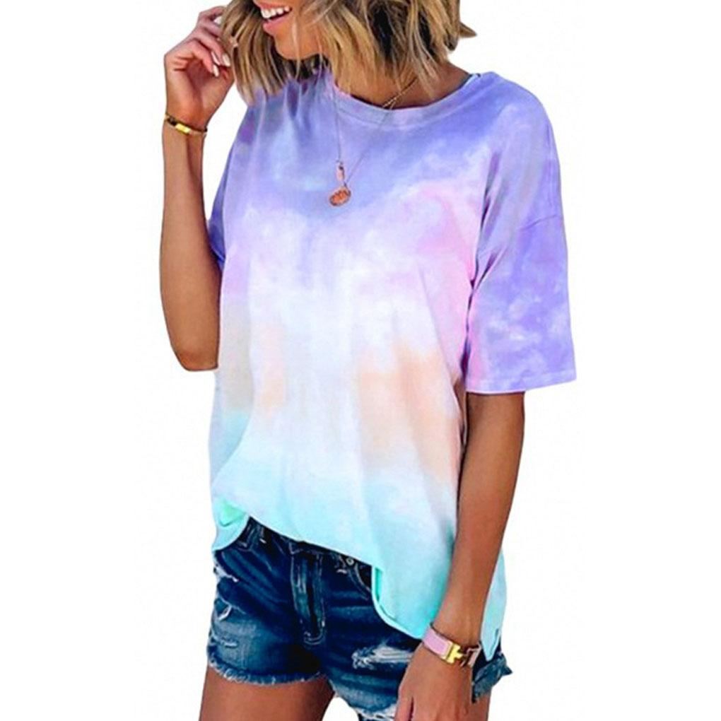 Nlife Women Short Sleeve Crew Neck Tie Dyed Shirt