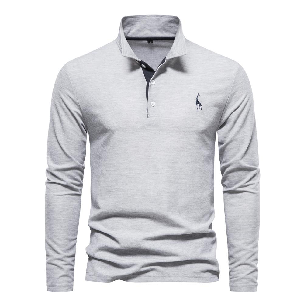 Trend Hub New Men's Deer Embroidery Polo Shirts Solid Color Long Sleeve Social Business Male