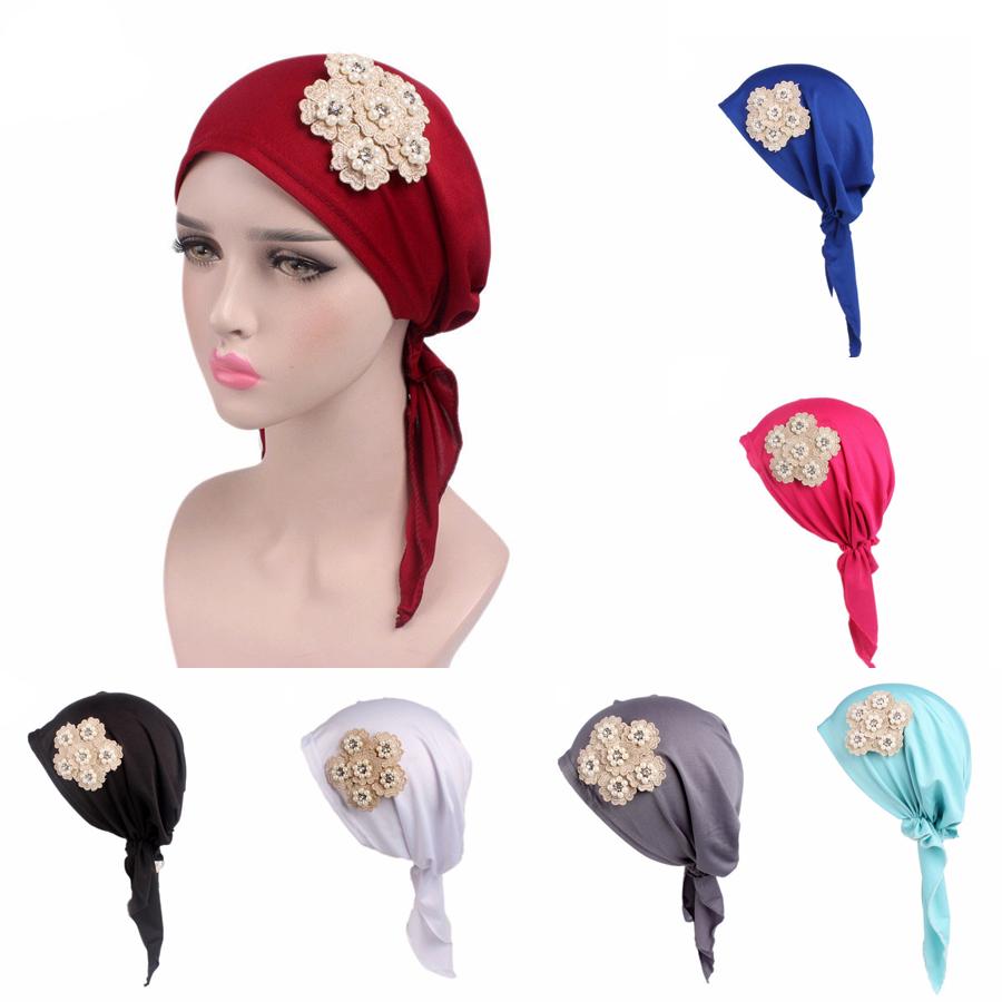LADY musulmani Ruffle stampato il Cancro Cap Hat Beanie Sciarpa turbante fascia perdita di capelli
