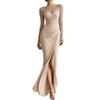 Women's Sheer Mesh Long Sleeve Pleated High Slit Bodycon Evening Dress for Wedding Guest Cocktail Party