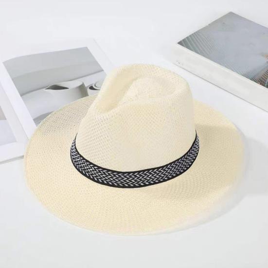 Men Summer Fisherman Hat Hollow Straw Weaving Full Face Sun Protection Wide Brim Western Cowboy Hat with Black Ribbon Decor Foldable Beach Hat