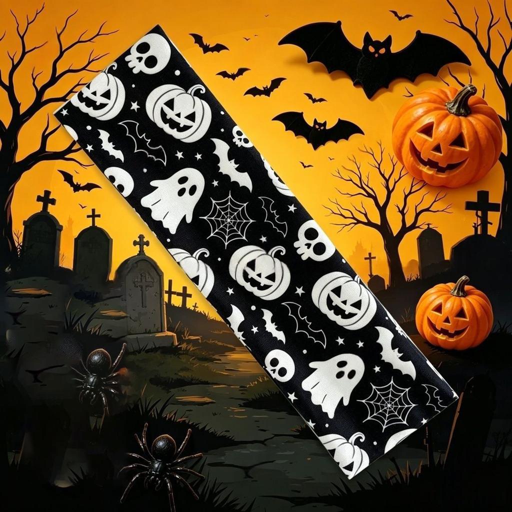 Halloween Themed Headband for Women Stretchy Party Headwear Ghost Pumpkin Spider Web Bat Print Fashion Hair Accessory