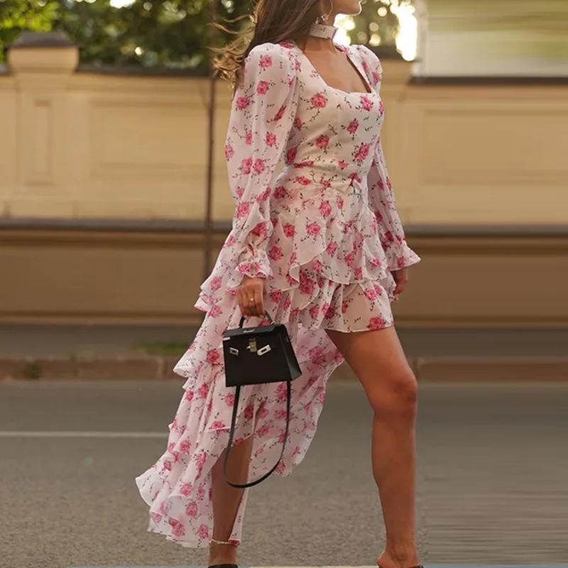 

European and American women s clothing, new spring models, fashionable and elegant printed irregular ruffle edge dress S розовый