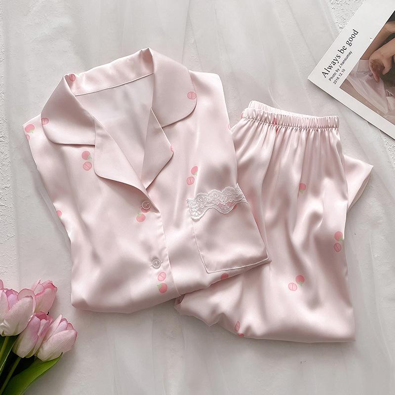 Spring And Autumn Sweet Wind Little Cherry Pajamas Women'S Comfortable Short-Sleeved Trousers Loungewear