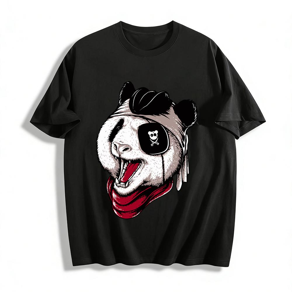Funny Pirate Panda Print Cool Streetwear Unisex Short Sleeve Top Pure Cotton T-shirt