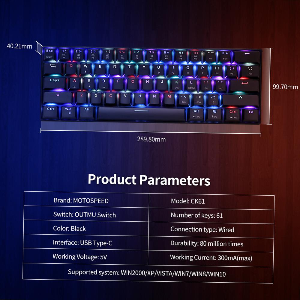 MOTOSPEED CK61 RGB Mechanical Gaming Keyboard OUTMU Red Switches Keyboard 61 Keys Anti Ghosting with Backlight for