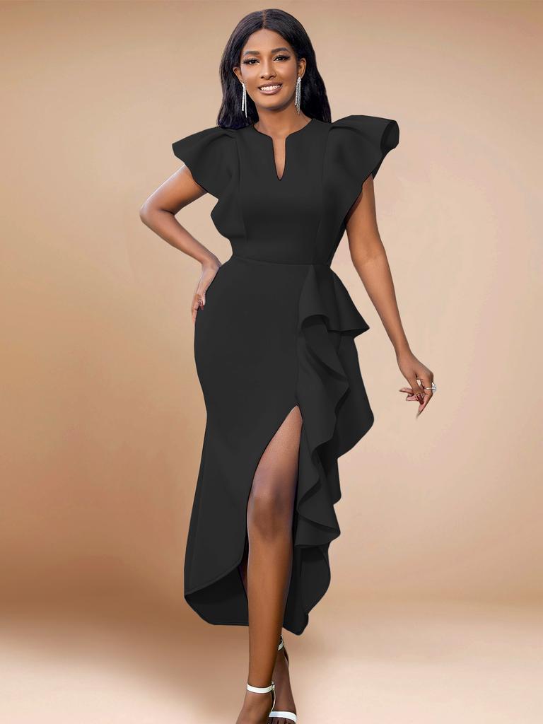 Orange Evening Party Dresses for Women V Neck Cloak Sleeves Irregular Bodycon Split Ruffles Birthday Dress