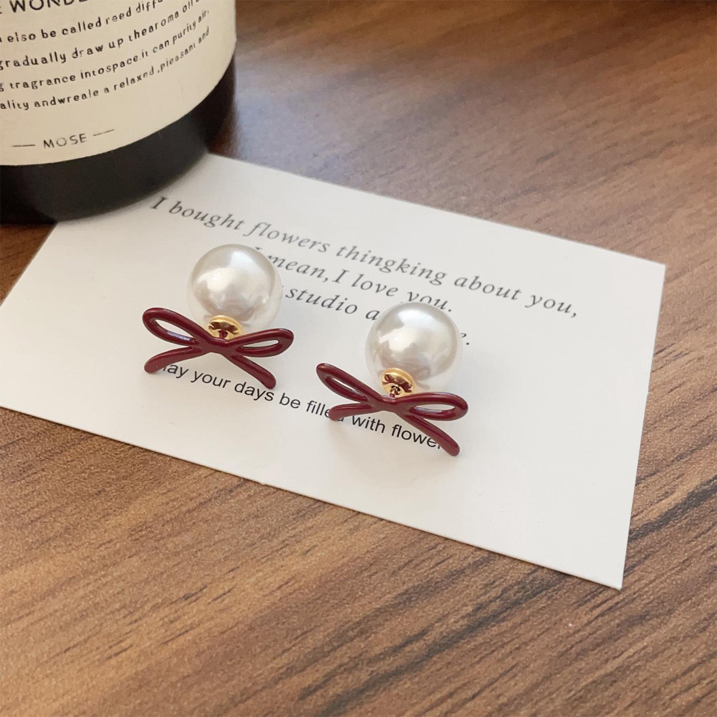 2025 Pearl Bow Stud Earrings - Red, Versatile, High-End Women s Luxury