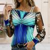 Plus Size Women Asymmetric Shoulder Long Sleeve Top Vibrant Tropical Leaf Print Mesh Lace Splicing Blouse