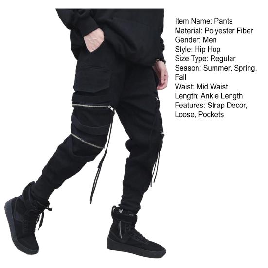Men Cargo Pants Strap Zipper Decor Loose Ankle-banded Mid-rise Solid Color Multi Hip Hop Streetwear Outdoor Travel Sport Trousers