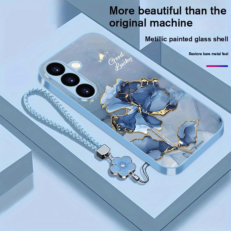 Vergoldetes florales Muster Glas Handyhülle geeignet für Samsung Galaxy S26 S25 S24 S23 S22 S21 S20FE/Ultra/Plus Anti-Drop Rückseite