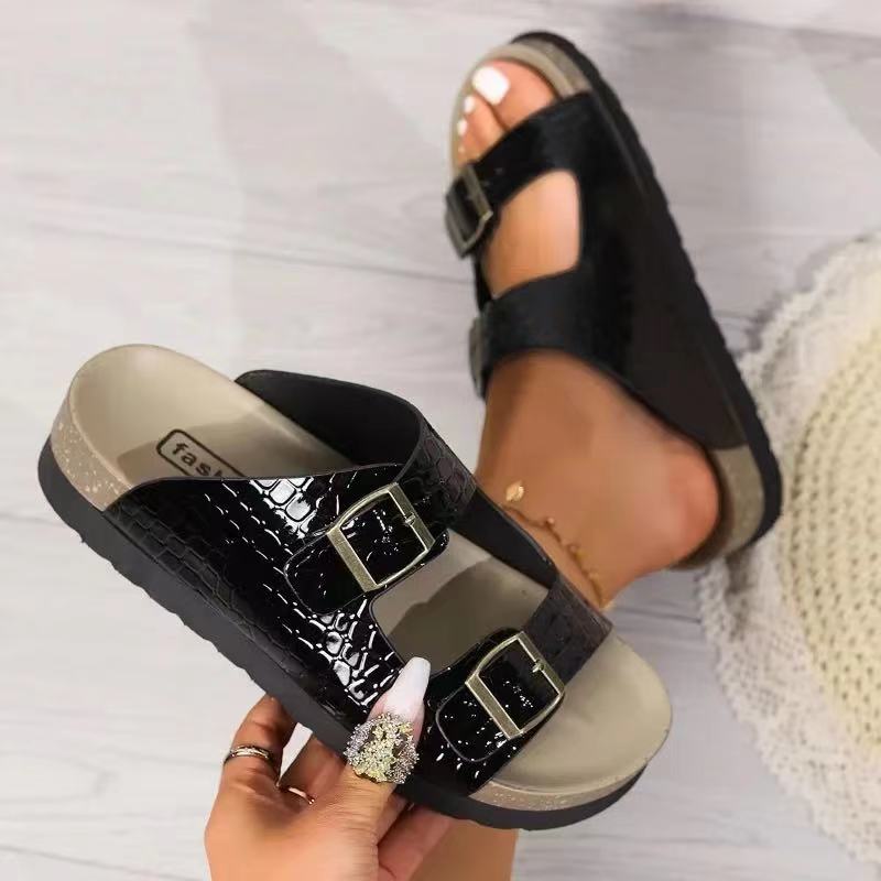 Ladies Shoes On Sale 2024 High Quality Open Toe Women Slippers Summer Buckle Snake Pattern Solid Outdoor Beach Platform Slippers