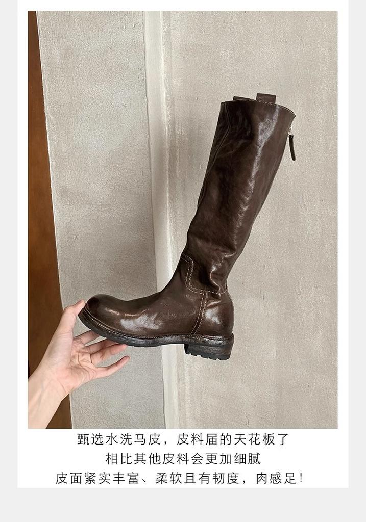 The same shoes retro washed horse leather versatile and thin zipper thick heel platform knight boots