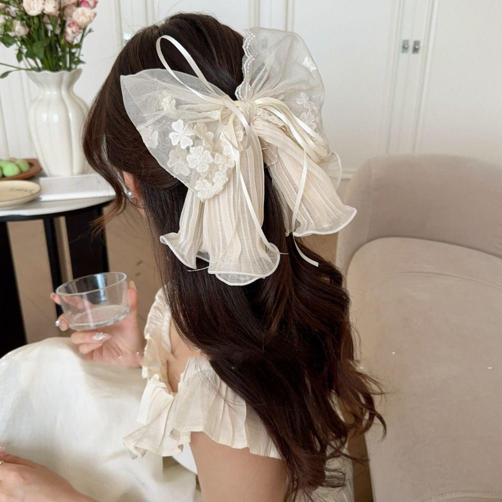Floral Bow Ribbon Hair Claw Grab Clip Flower Hairpin Barrettes Chiffon Bowknot Hair Clip  Women