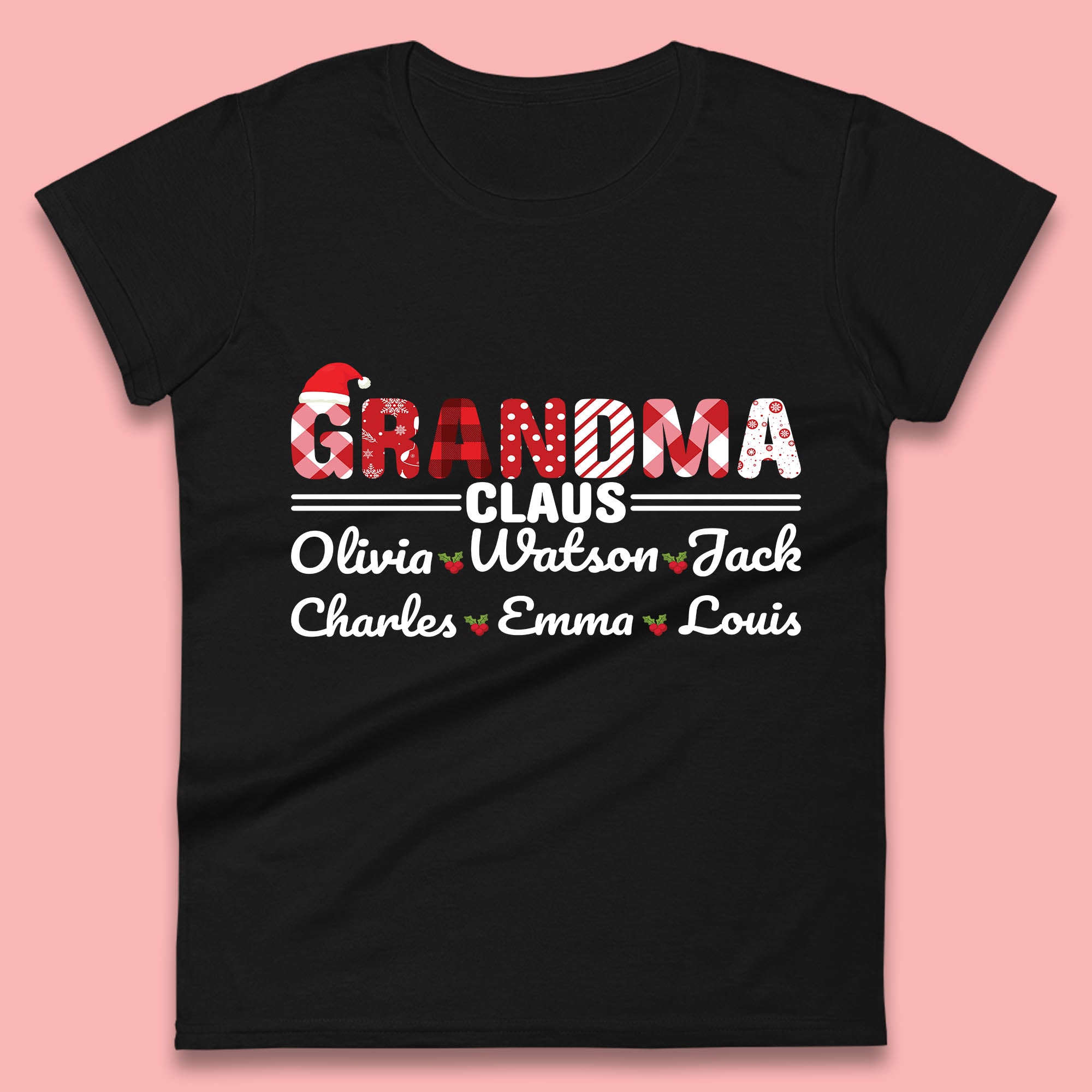 

Personalized Grandma Claus Christmas Grandkids Names Santa Hat Xmas Womens Tee T Shirt Mens Tops Unisex Top 4XL