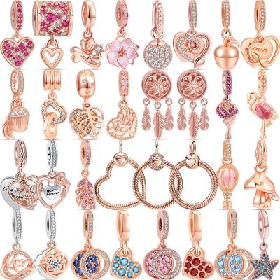 925 Silver Rose Gold Flower Dreamcatcher Leaf Heart Safety Chain Pendant Beads Fit Original  Charm Bracelet Women Jewelry