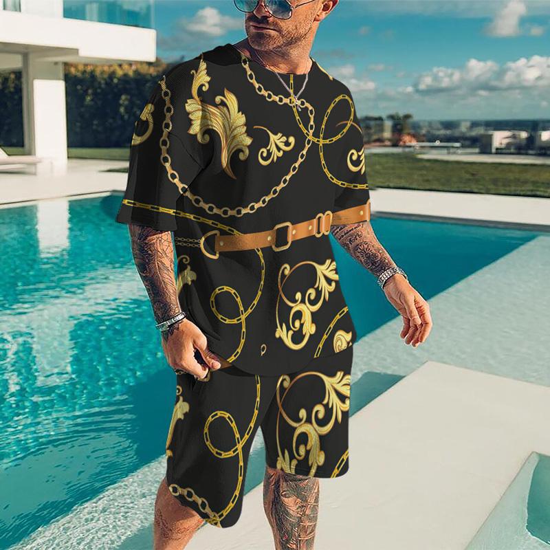 Summer Quick Drying Men's Sports Set 2-Piece 3D Printing Gold Line Black Set European Luxury Style Men's T-shirt+Beach Pants