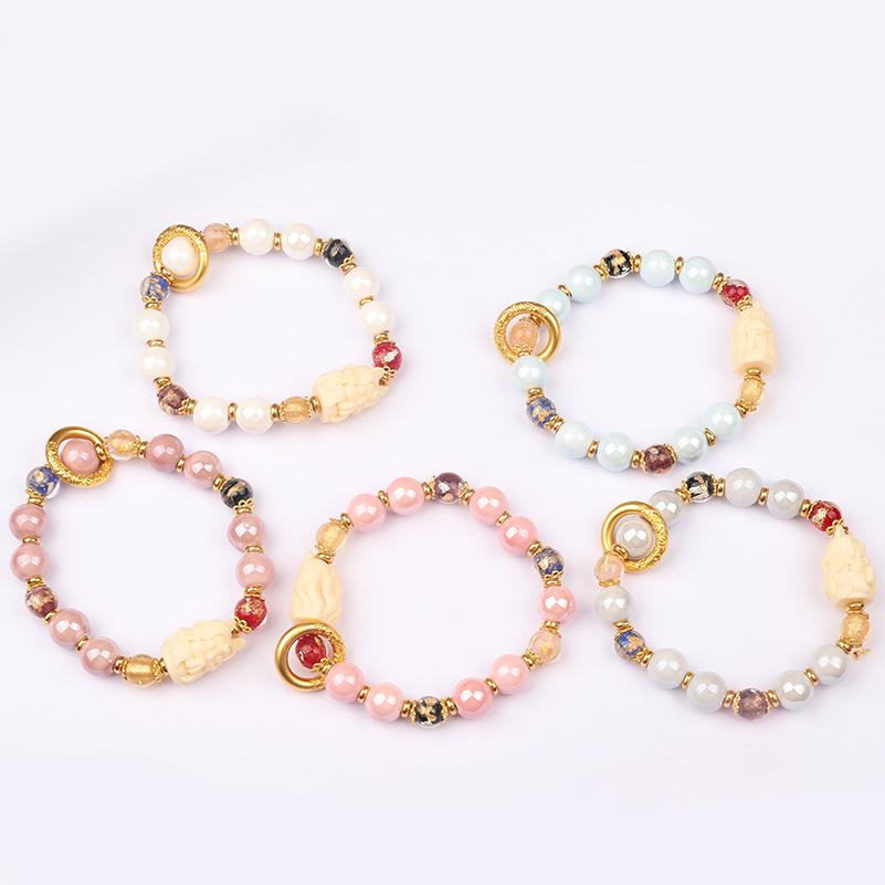 Beijing Nine-Tailed Fox Ceramic Bracelet: Incense Ash Glazed Court Style with Beads