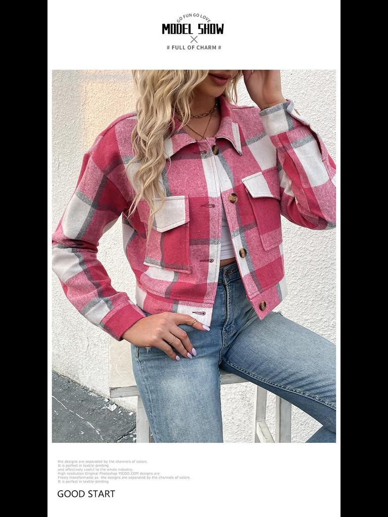 Jesienno-zimowa kurtka kardigan w kratę - Długi rękaw, styl europejski i amerykański