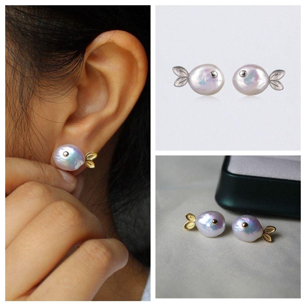 Color Preserved Baroque Whale Necklace Pearl Small Fish Studs Earrings Clavicle Chain Women