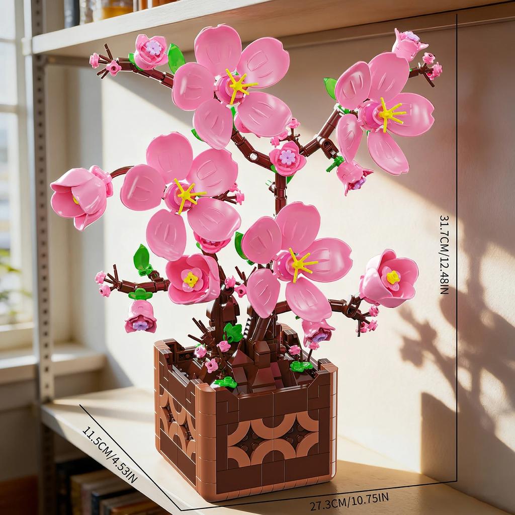 Pink Peach Blossom Potted Plant Building Block Flower Model Puzzle Toys Sets New Year Christmas Birthday Gifts