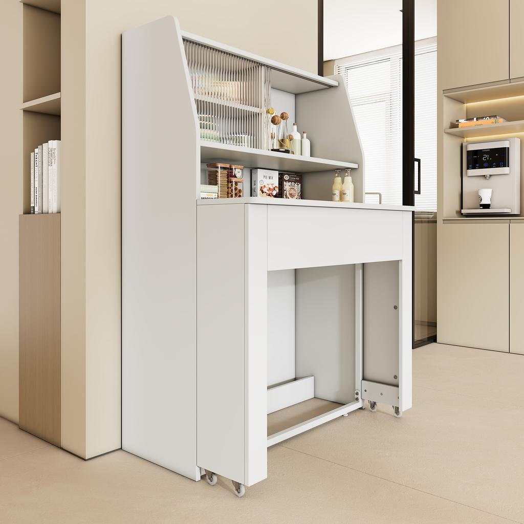 Extendable Dining Table, L52/132.5xW80xH76cm, One-Way Extending, Storage Cabinet, Rectangular, Coffee Lounge, Space-Saving Multifunctional, White