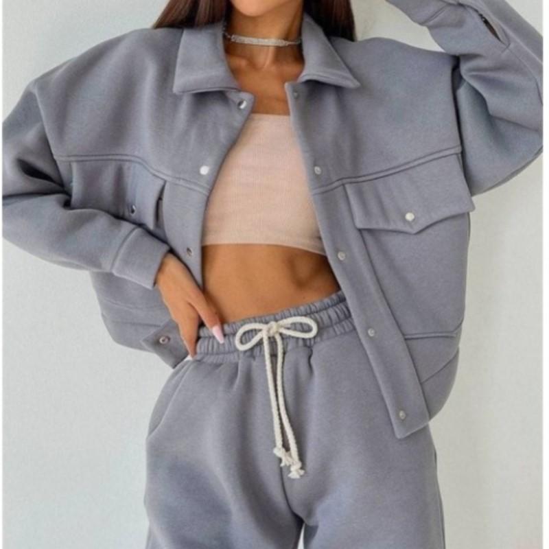 

Однотонный женский комплект из двух предметов, модный свитшот с длинными рукавами, пальто на пуговицах с лацканами и брюки, спортивный костюм, осенне-зимний повседневный комплект для женщин XS