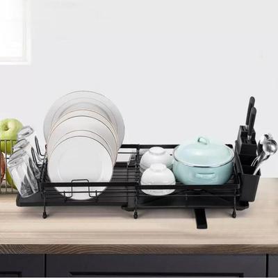 Escurridor de Platos, Escurridor de Platos con Bandeja de Goteo, Escurridor de Platos Expandible para Cocina con Grifo Giratorio Rotatorio y Soporte para Utensilios